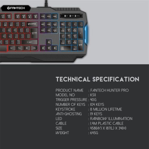 fantech hunter pro k511 rainbow backlit pro gaming keyboard specifications