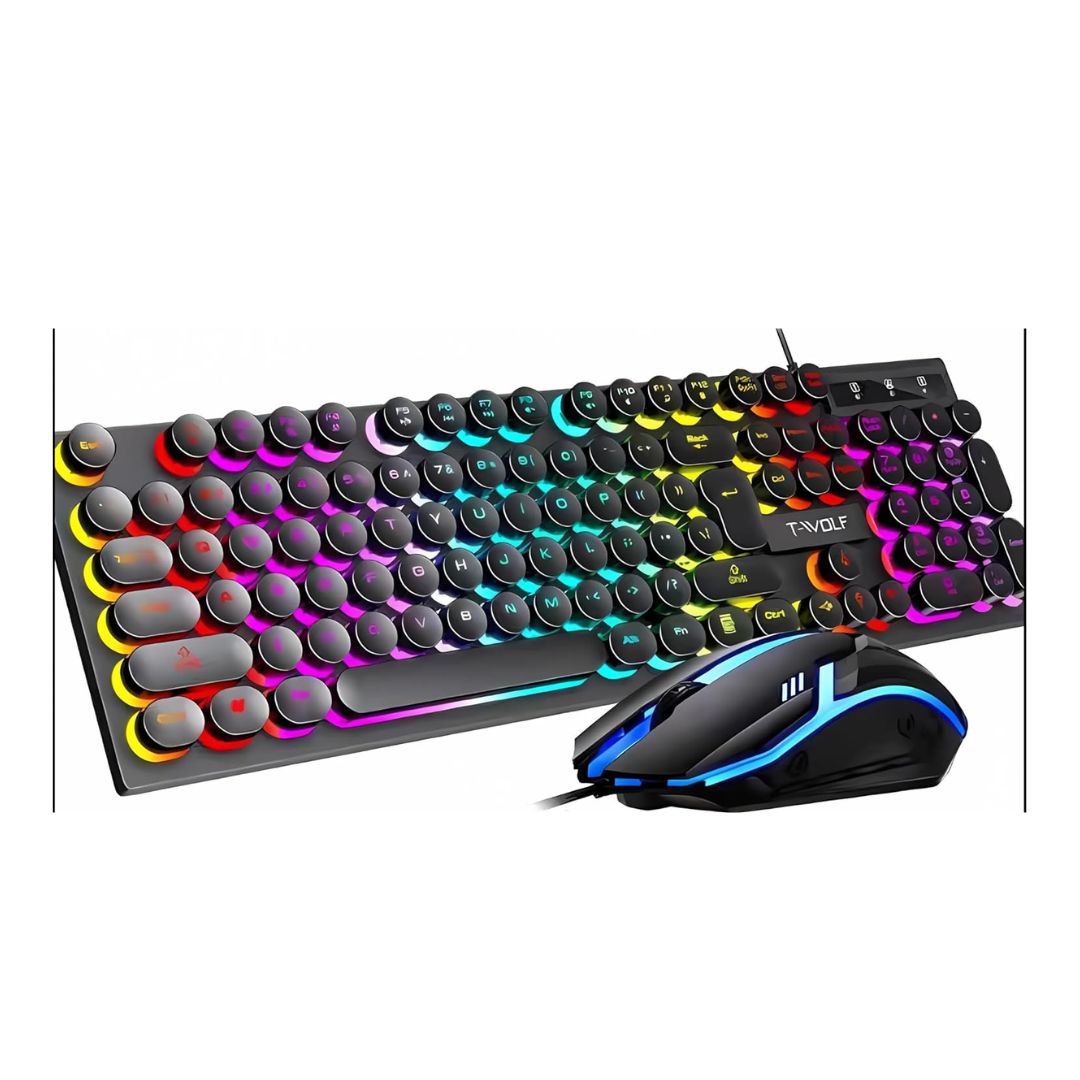 T-WOLF TF270 Retro Punk Chocolate Keyboard with Mouse Combo (Rainbow Backlit Gaming Keyboard & Mouse Set)